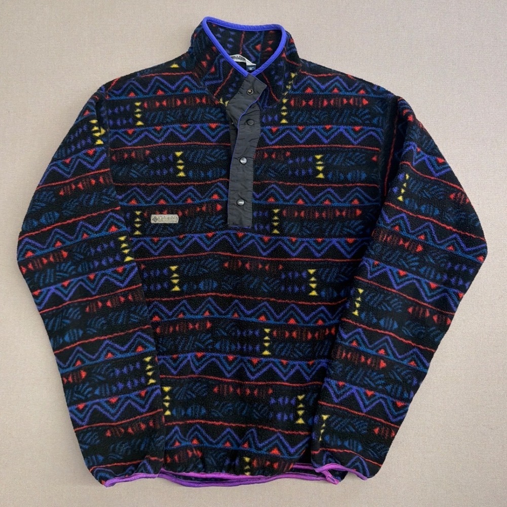 Vintage Columbia Fleece Pullover Aztec Geometric Snap Neck‎ Mens Medium Black